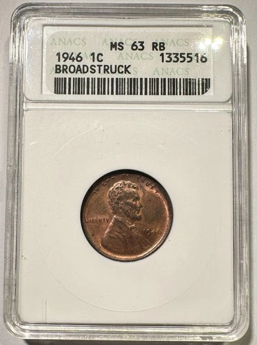 1946 Lincoln Wheat Cent Penny Broadstruck Mint Error ANACS MS-63 RB Soapbox OH