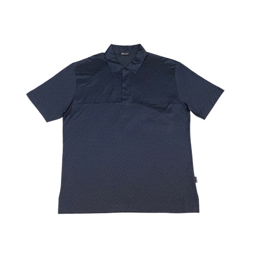 Bally Mens Navy Blue Wave Pattern Cotton Polo Shirt Made in Italy Size USA 44