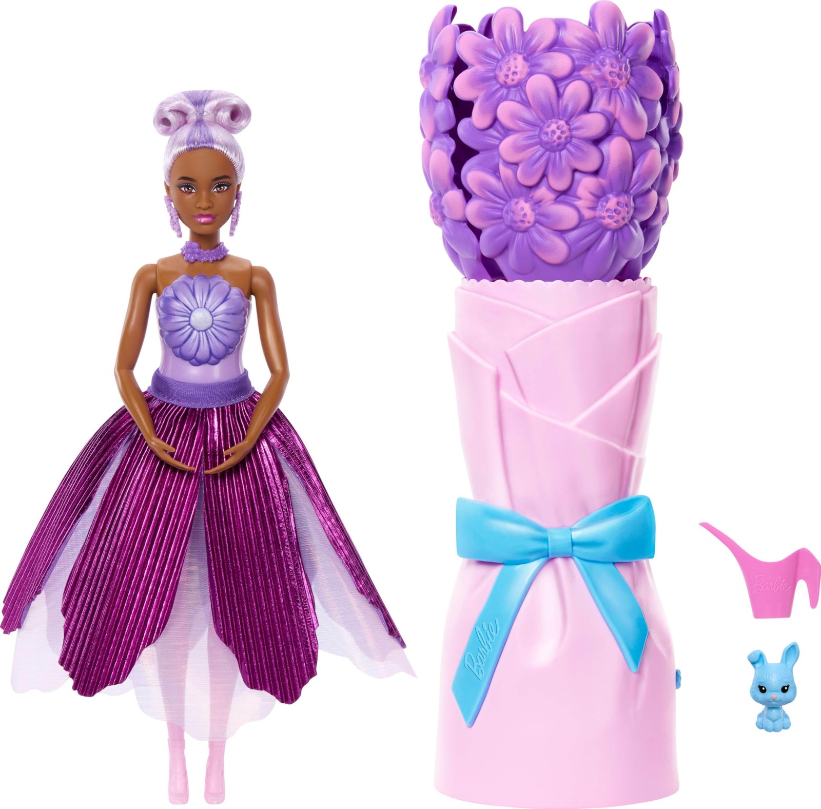 Barbie Petal Pop geparfumeerde pop met paarse bloemenjurk en accessoires boeket 6890₽