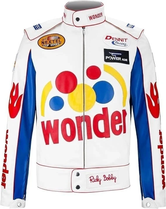 Men’s Ricky Bobby Talladega Nights Leather Jacket Racing Bomber Costume Coat