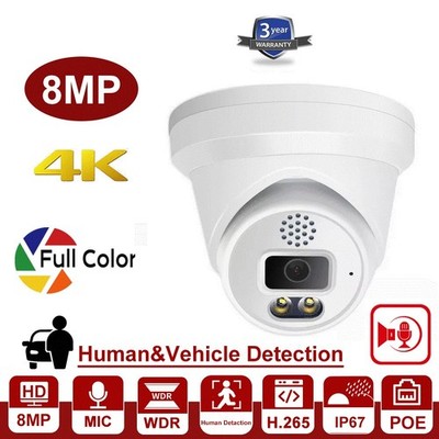 8MP IP Camera Full Night Color View Vu POE 2.8mm Microphone Vandalproof IP Cam