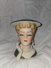 (Lot #3) Green Vintage Lee Wards Lady Head Vase W/Pearl Necklace Figurine 4.5"