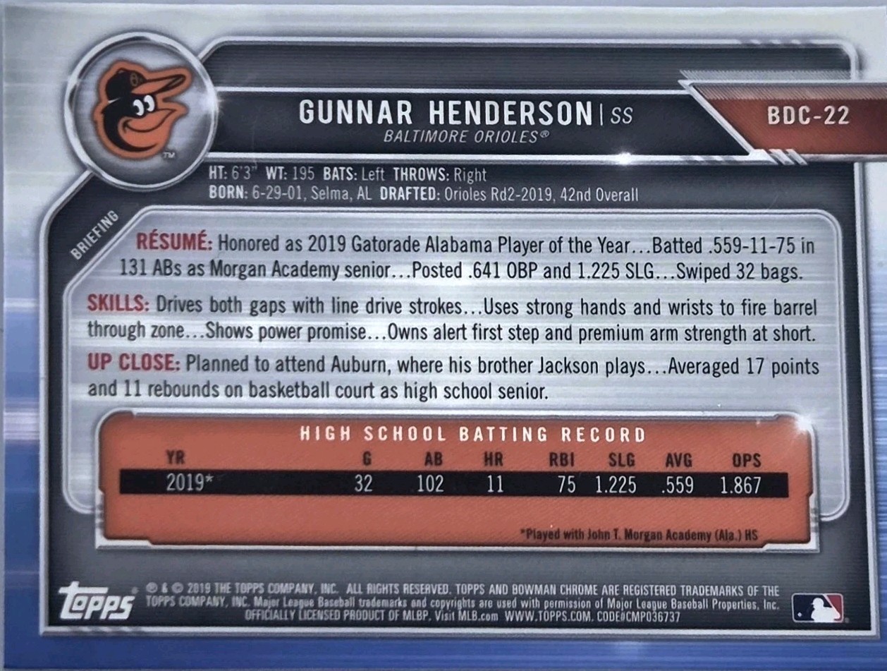 2019 Bowman Draft - Chrome Gunnar Henderson #BDC-22 (RC) view 2