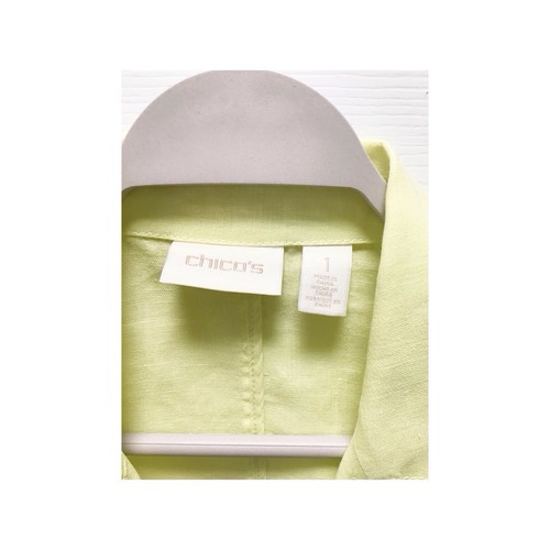 Chicos 100% Linen Yellow Jacket Size Medium / 1 Roll Tab Sleeves Open Front - Picture 3 of 9
