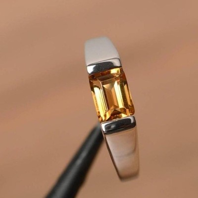 Emerald Cut Citrine Half Bezel Set Women Minimalist Ring 925 Sterling Silver
