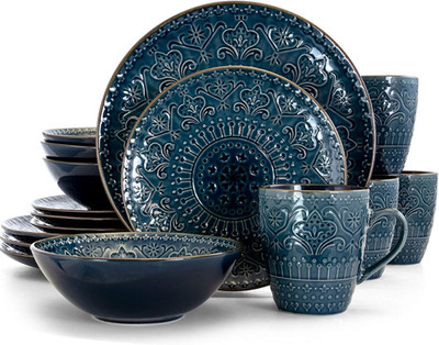 Sea Blue 16-Piece Round Stoneware Dinnerware Set - Deepsea Mozaic