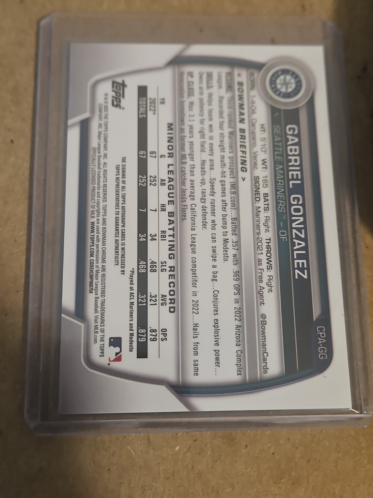 2023 Bowman Chrome 1st AUTO Gabriel Gonzalez #CPA-GG Mariners view 2