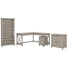 Bush Furniture Key West 60W L Desk with Cabinets & Bookcase in Washed Gray