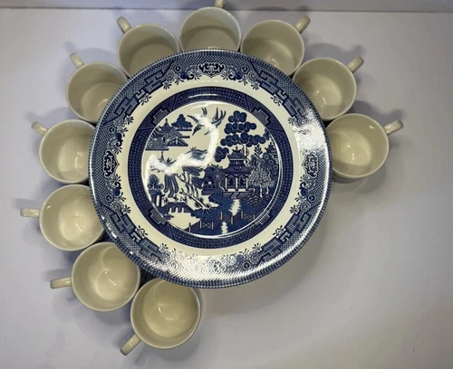20 piece Vintage Blue Churchill England Willow 10” Plates And Small Mugs