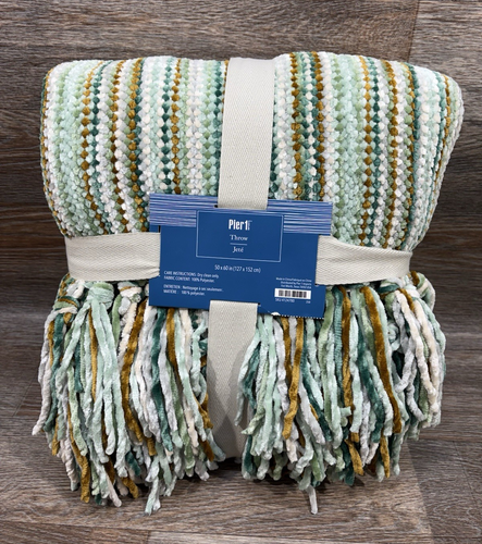 Pier 1 Imports Chenille Überwurf Decke Fransen 50" x 60" gestreift grün mint Neu mit Etikett - Bild 1 von 3