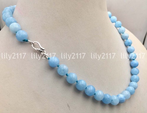 Natural Blue 8mm Brazilian Aquamarine Gems Round Necklaces Silver Clasp 18" AAA - Picture 3 of 3