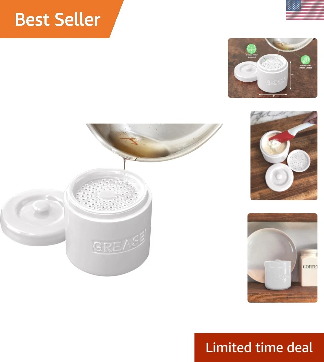 Dishwasher Safe Square Porcelain Grease Container with Lid - White Elegance