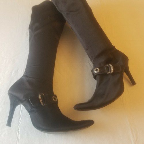Unlisted Black Satin Knee High Heels Pointed Toe Boots Buckle Detail Size 6.5 - Picture 10 of 12
