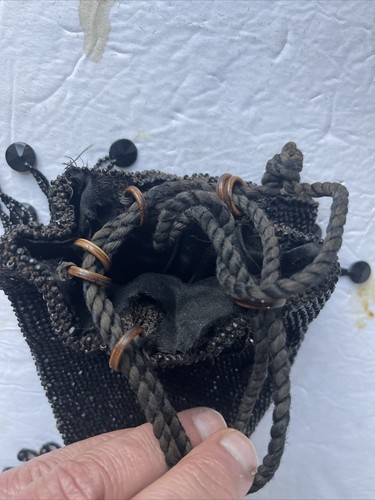 1920’s Flapper Black Glass Beaded Handbag Tasseled Drawstring Purse Evening Bag - Picture 8 of 15