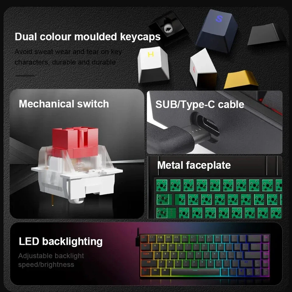 RGB USB 60% Mini Slim Mechanical Gaming Wired Keyboard Red Switch 68 Key Russian - Image 2 of 4