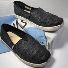 TOMS Shoes Women 5 Loafers + Dust Cover Black Sparkle Slip On Flats Comfort