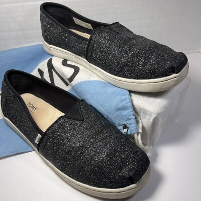 TOMS Shoes Women 5 Loafers + Dust Cover Black Sparkle Slip On Flats Comfort