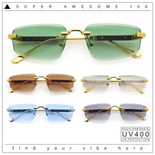 Bevel Lens Rimless Hustler Retro Gangster Rapper Rectangle Luxury Sunglasses