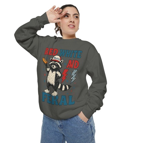 Red White and Feral Raccoon Sweatshirt Unisex Garment Dyed Funny Pullover - Picture 18 of 82