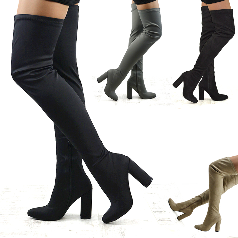 Womens Thigh High Heel Stretch Leg Zip Ladies Over The Knee Long Boots