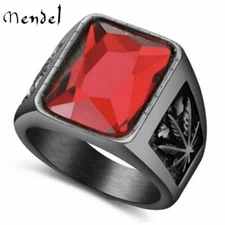 MENDEL Mens Black Red Large Onyx CZ Stone Ring For Men Stainless Steel Size 7-15