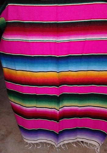 Serape Mexican Blanket Fuchsia Rainbow strips with White fringe XL 82 X 62 - Picture 4 of 5