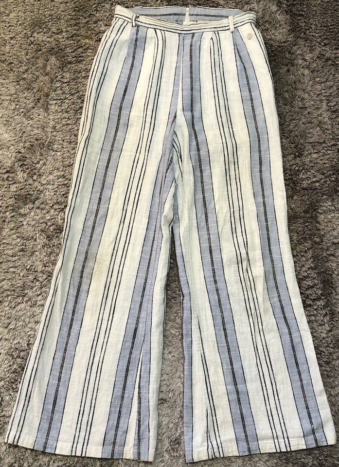 Authentic Rip Curl Dusk Beach Pants Ramie Blue Cream Flare Womens 10 VGC