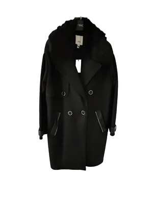 BNWT River Island Black Faux Suede Coat With Detachable Faux Fur Collar  Size 10 UK