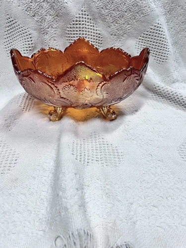 Vintage Jeanette Glass Floragold 4 Footed Oval Marigold Nut Candy Dish Bowl