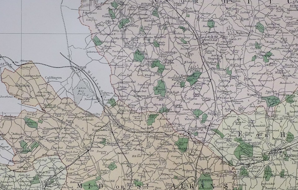 1889 COUNTY MAP HERTFORDSHIRE WATFORD ST ALBANS HITCHIN STEVENAGE