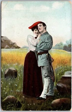 Young Woman Military Man Sweet Couple Lovers Romance Art Vintage Postcard