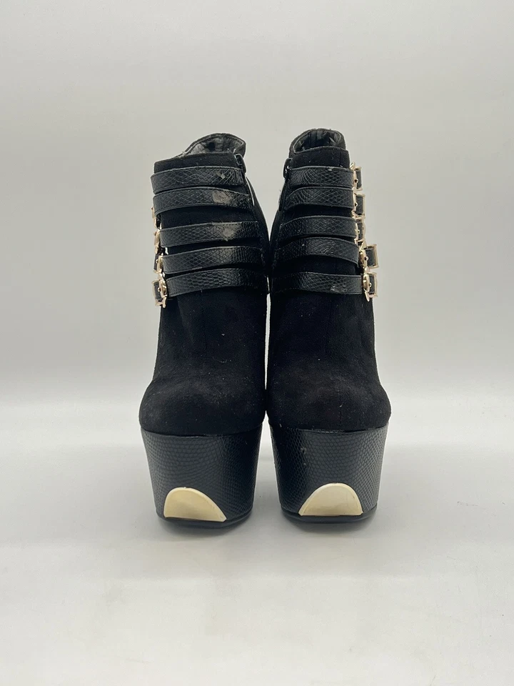 Wild Pair Women’s Black Suede Ankle Boots Gold Buckles Stiletto Heels Size 5M - Image 2 of 4