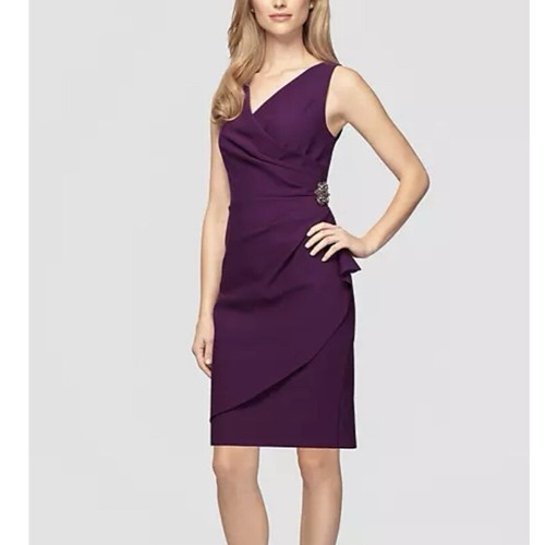 Alex Evenings Purple Faux Wrap Side Ruched Sleeveless Cocktail Dress Size 12