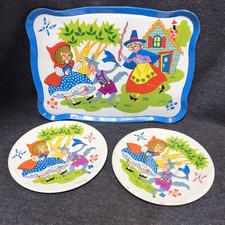 Little Red Riding Hood Ohio Art Vintage tin toy dishes 2 -4  plates, 1-7.5  tray