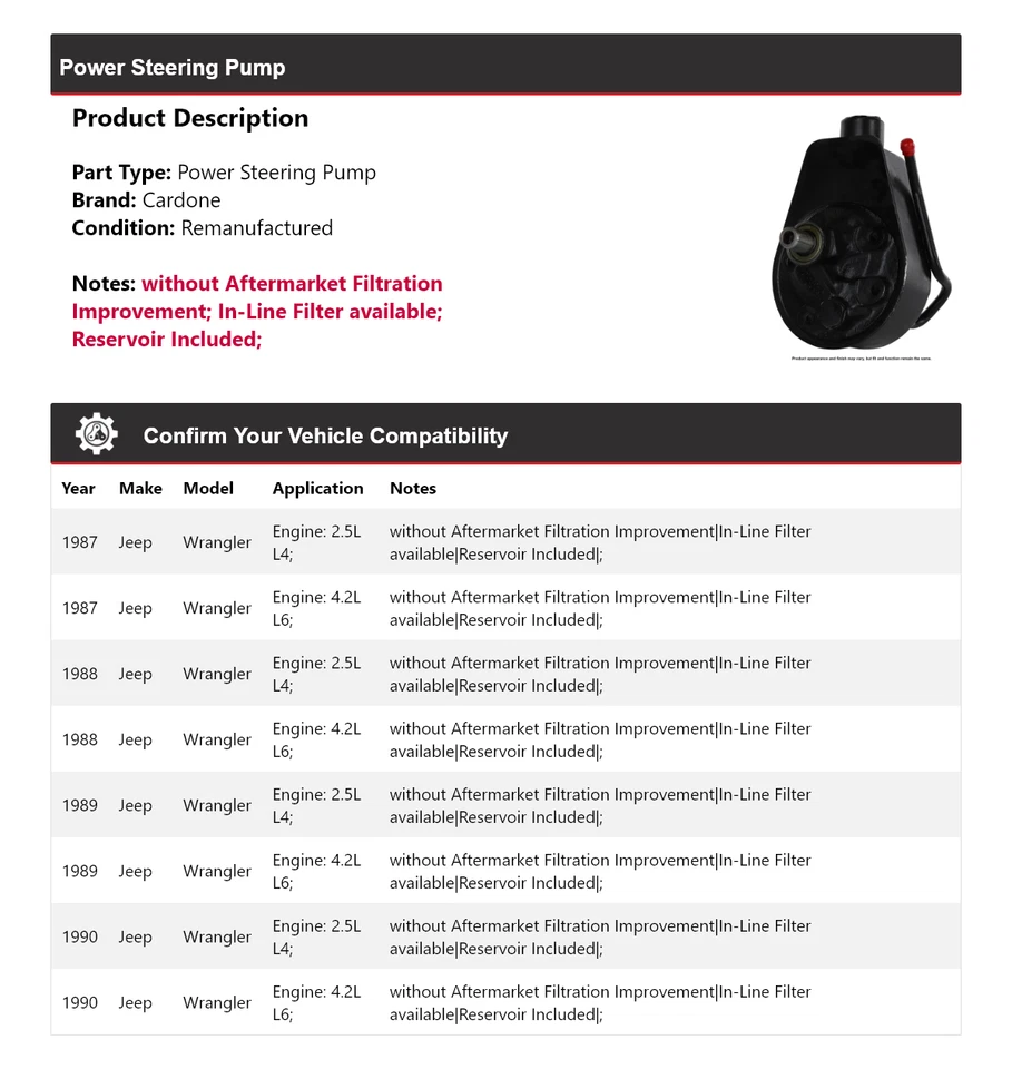 Bomba de dirección asistida Cardone 1988 1989 para Jeep Wrangler 1987-1990 Foto 2 de 4