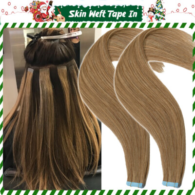 100g Thick Tape In Remy Human Hair Extensions Skin Weft Wavy Wave Curly Brown US