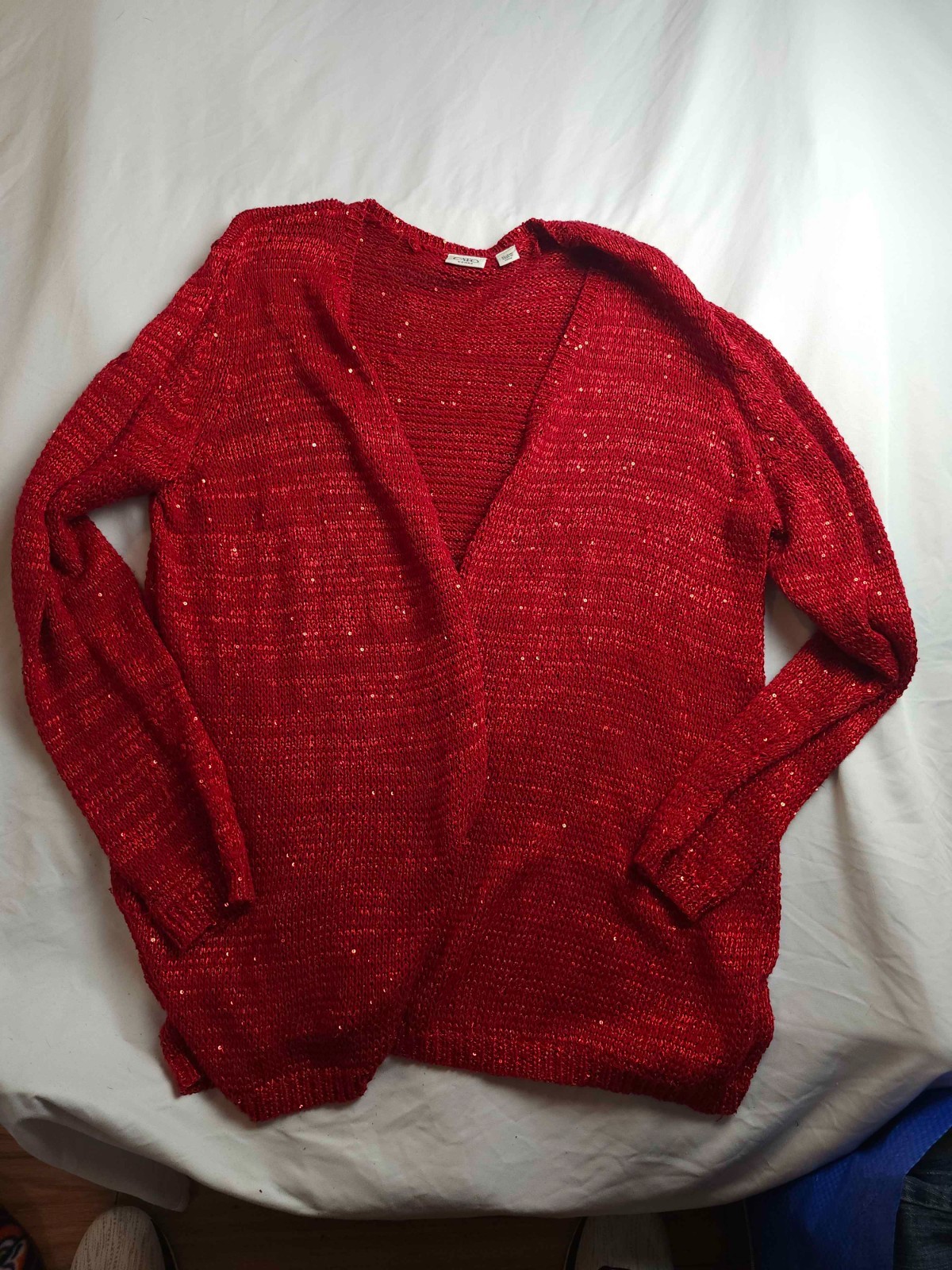 Cato Cardigan Sweater Womens Size 22/24W Red Open Knit Sequins Long Sleeves