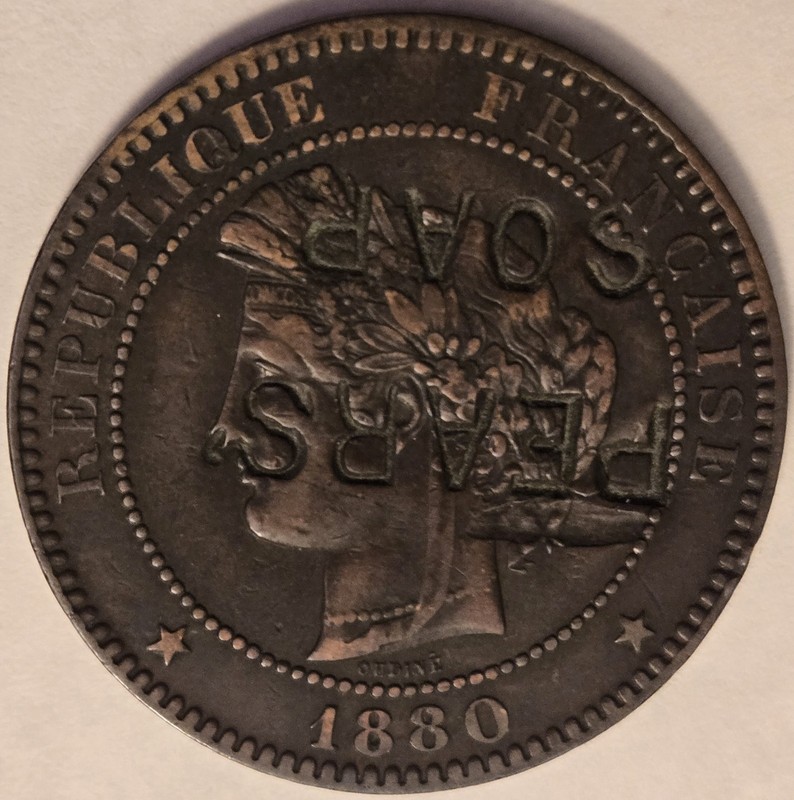 1856 A France 10 Centimes coin Counterstamped "PEARS SOAP"