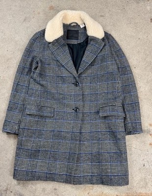 Levi s Wool Check Coat with Teddy Collar Grey Blue - Long Coat Vintage Style