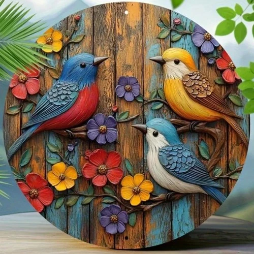 Vintage 3-Bird Round Colorful Floral Bird Tin Metal Signs Home Décor 8x8