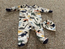 Gerber Boys Dinosaur Patterned Zip Up Sleeper & Hat 0-3M