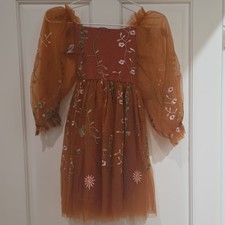 Girls Orange Floral Embroidered Tulle Tutu Dress, Balloon Sleeves, Bow Back