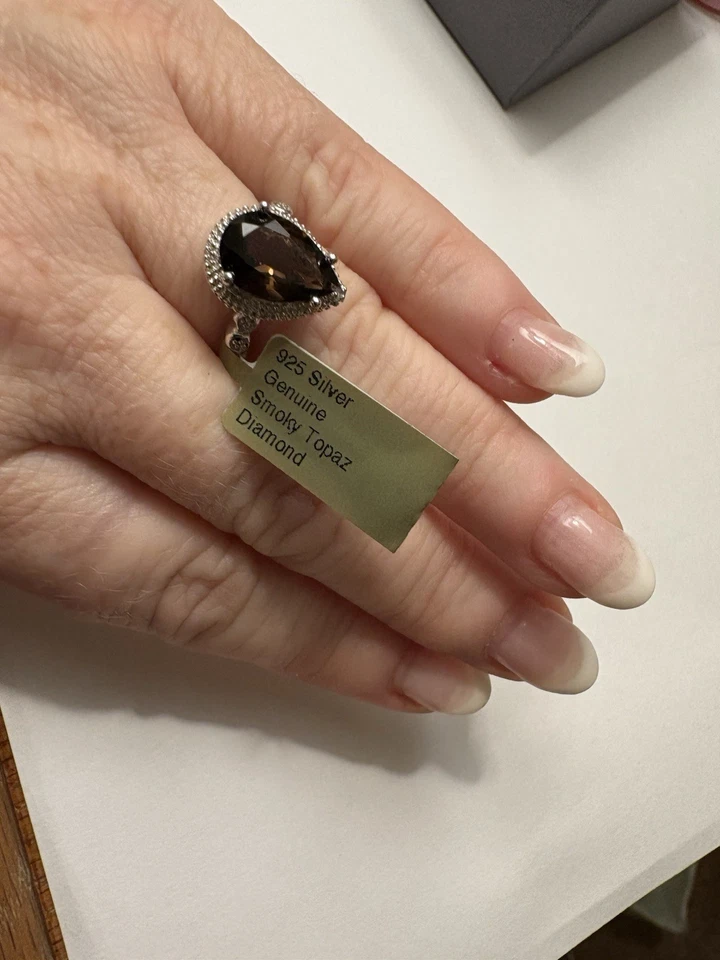 SS925 Pendientes Poste Topacio Blanco Cuarto Ahumado + Anillo Diamante Topacio Ahumado SS 925 Foto 3 de 3