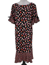Talbots Dress Plus Size 14W Black Ditsy Floral Ruffle Hem and Sleeve Back Zip