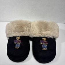 Polo Ralph Lauren Holiday Bear Black Suede Faux Fur Scuff Slippers Women Size 8