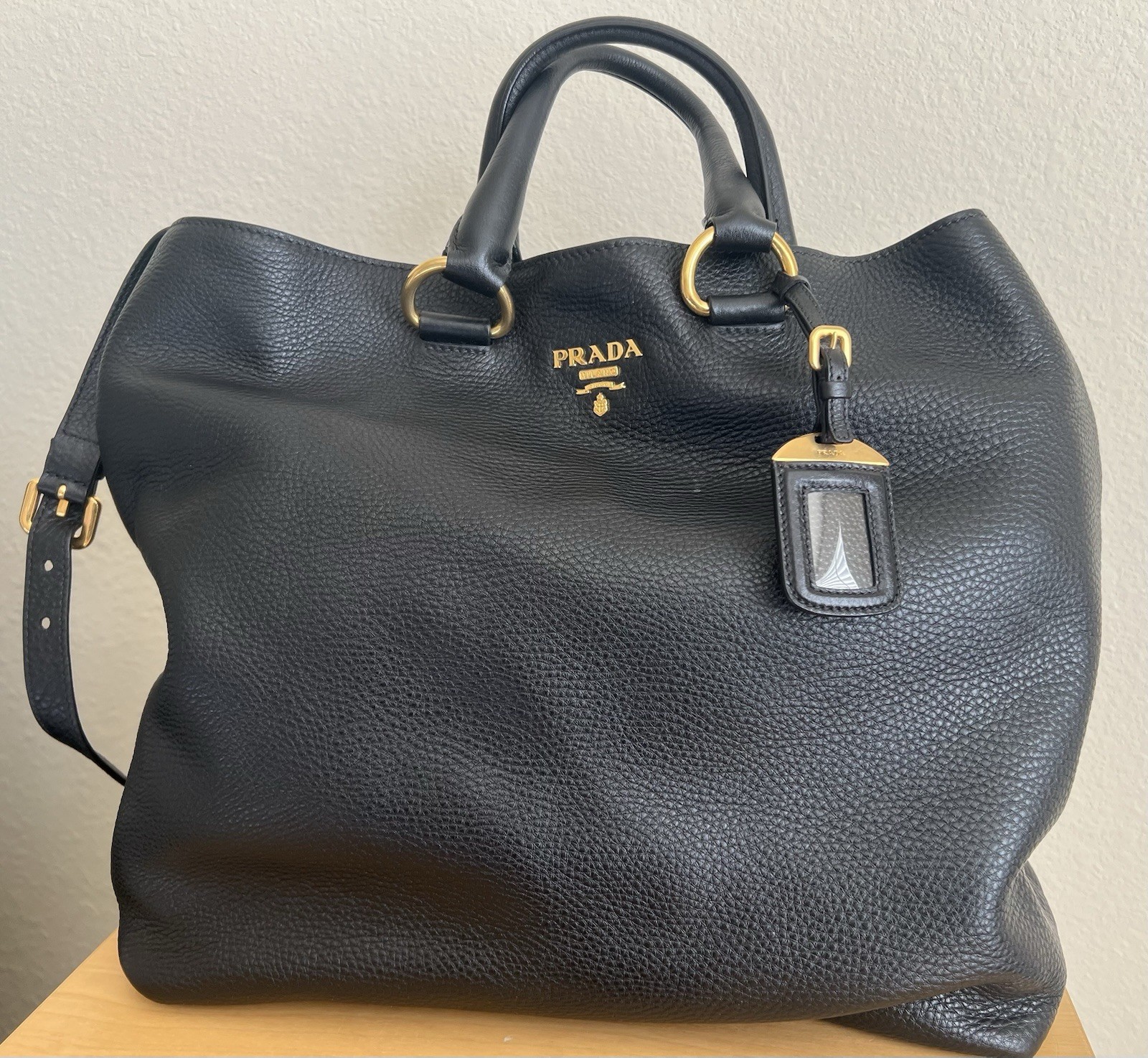 PRADA Vitello Daino Leather Tote Bag Black Shoulder Style Rare