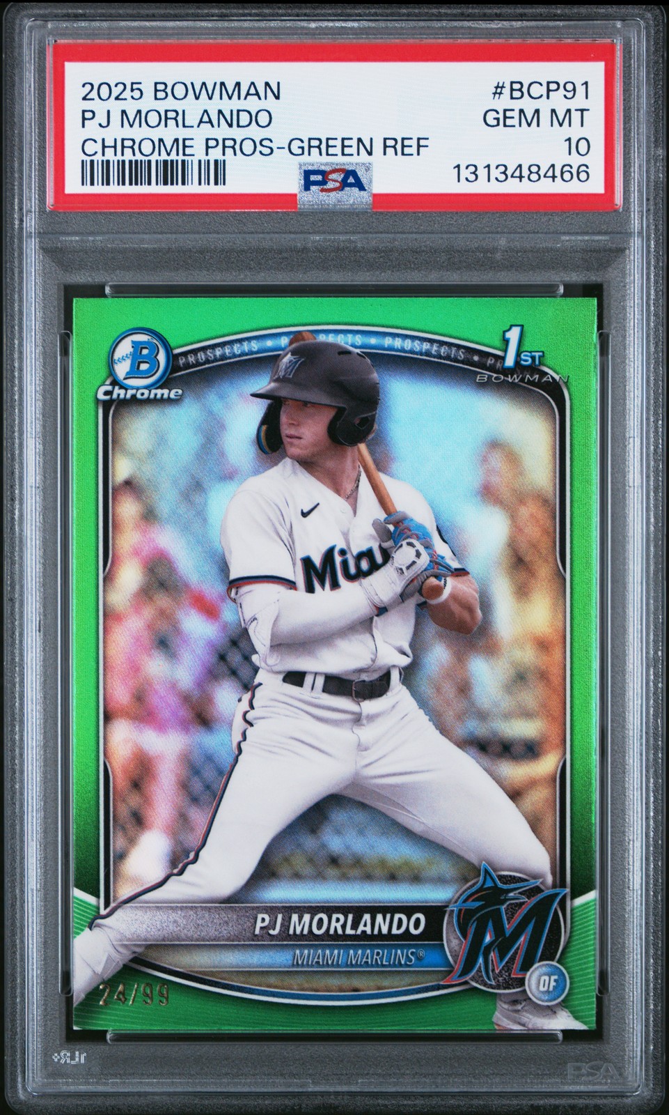2025 BOWMAN CHROME PROSPECTS GREEN REFRACTOR #BCP91 PJ MORLANDO 24/99 PSA 10