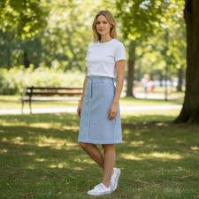 Talbots Vintage Blue White Striped Seersucker Pattern Skirt Preppy Sz 8 modest