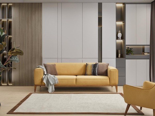Dreisitzer Sofa 3 Sitzer Sofas Stoff Gelb Wohnzimmer Luxus Modern Sitz-image