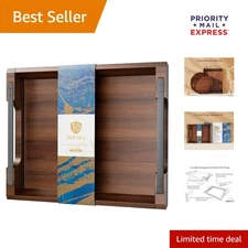 Rustic Decorative Storage Tray - 17x13 Acacia Wood with Durable Metal Handles